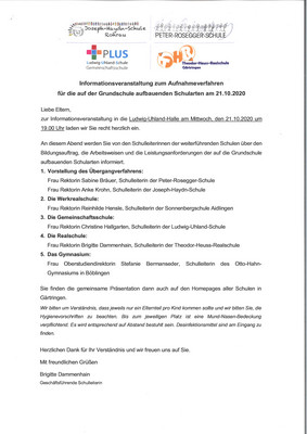 Informationsveranstaltung zum Aufnahmeverfahren für die auf der Grundschule aufbauenden Schularten am 21.10.2020